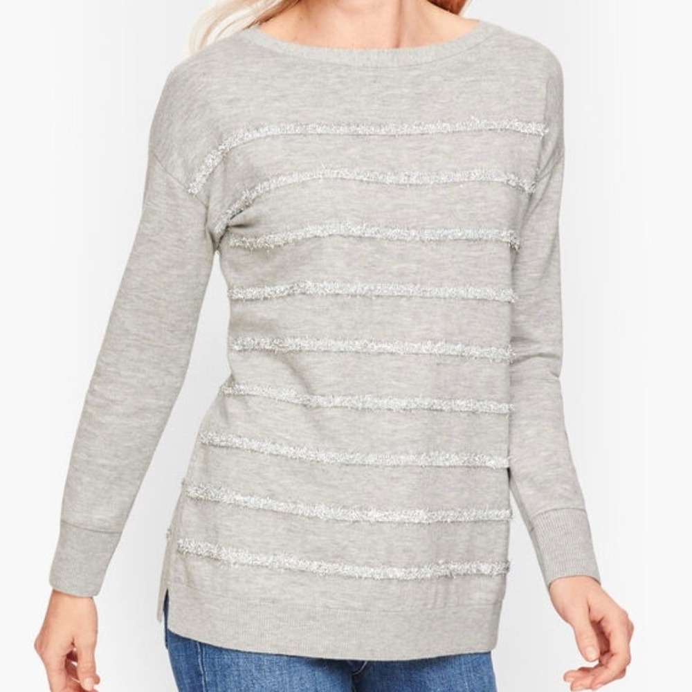 Talbots Tinsel Stripe Sweater Women M Grey Silver Sparkle Holiday Knit Pullover‎